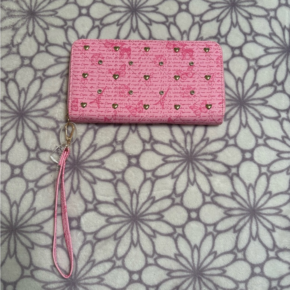 Paris Pink Heart Gold Wristlet Wallet